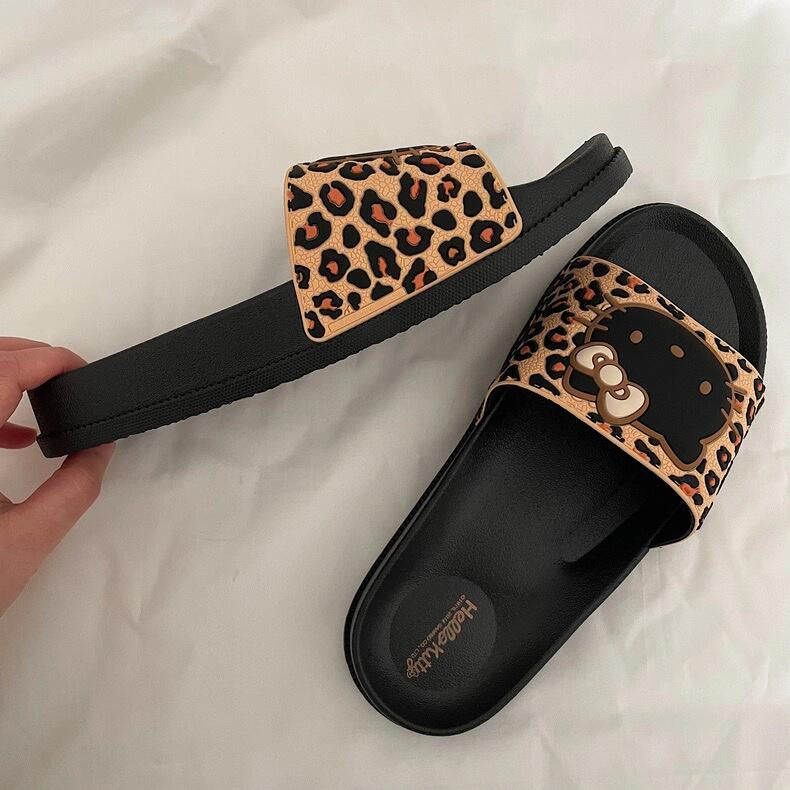Hellokitty Leopard Print Shower Sandals Bathroom Slippers Non-Slip Indoor Home House Beach Shoes