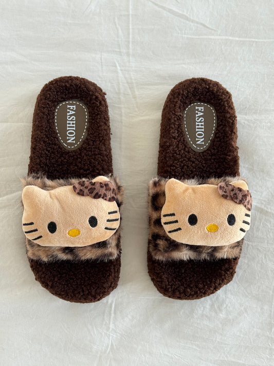 Leopard Print Cute Plush High-Heeled Fluffy Slippers Slides