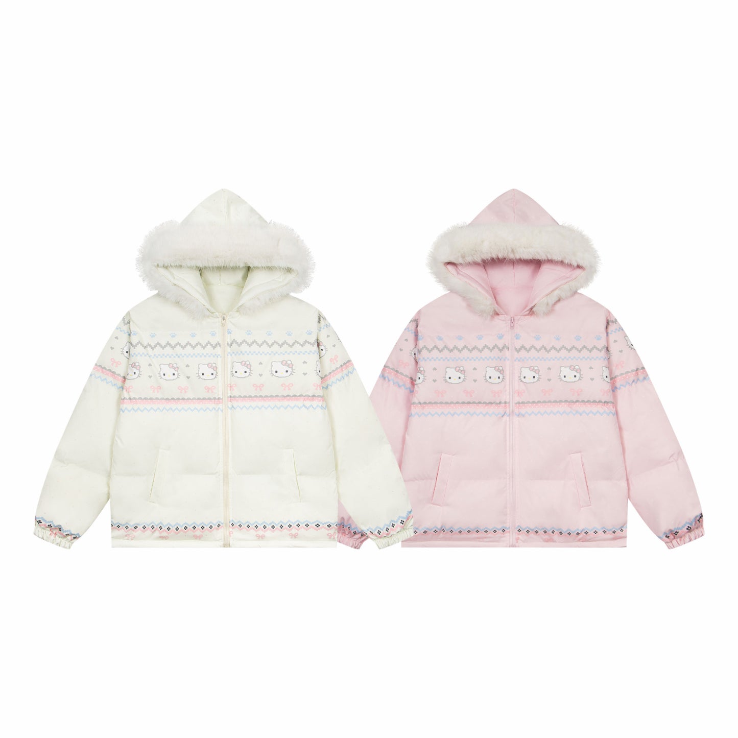 【Cyber Monday Deals🔥】Hellokitty Cute Winter Long Sleeve Zip Hooded Puffer Jacket Pockets Baggy Short Down Coat（Detachable hat fringe）