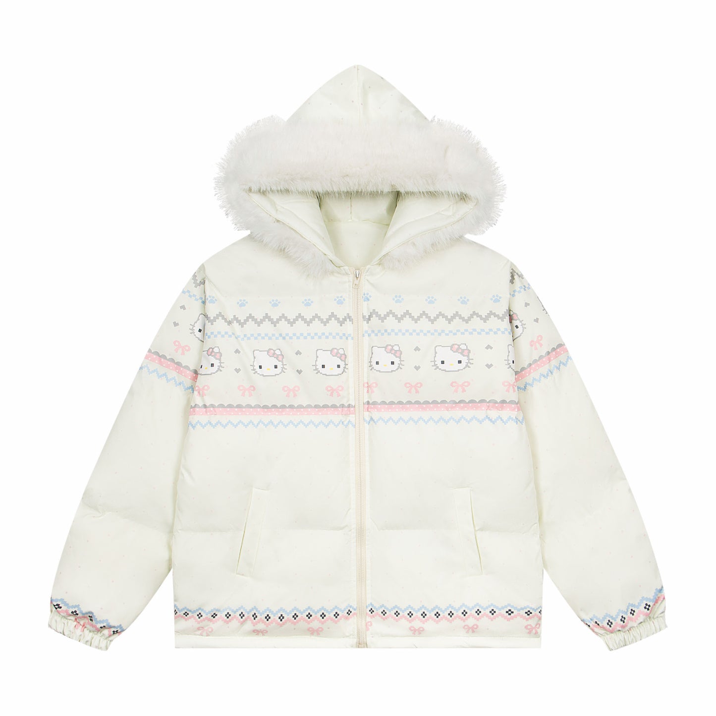 【Cyber Monday Deals🔥】Hellokitty Cute Winter Long Sleeve Zip Hooded Puffer Jacket Pockets Baggy Short Down Coat（Detachable hat fringe）