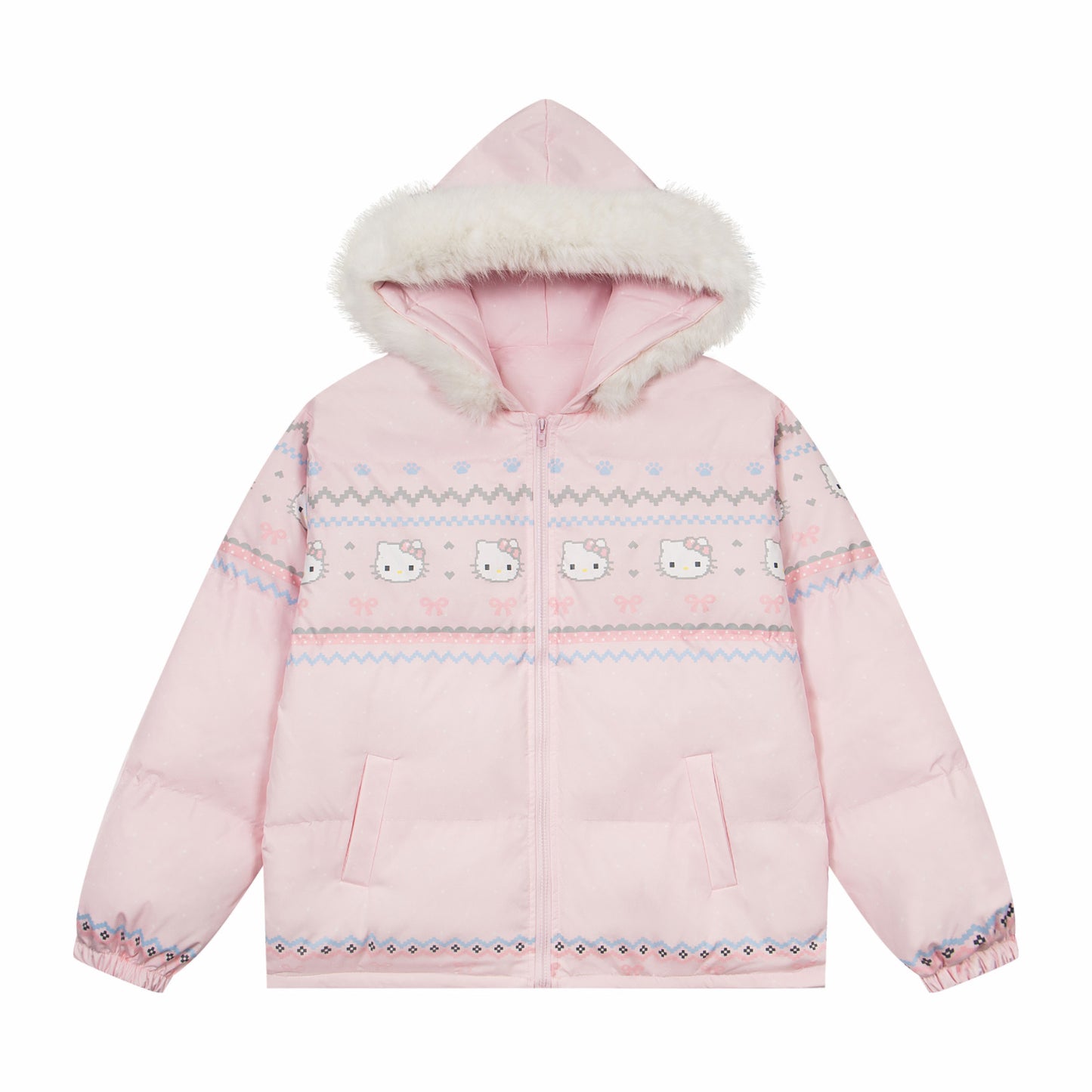 【Cyber Monday Deals🔥】Hellokitty Cute Winter Long Sleeve Zip Hooded Puffer Jacket Pockets Baggy Short Down Coat（Detachable hat fringe）