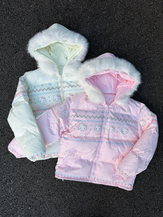 【Cyber Monday Deals🔥】Hellokitty Cute Winter Long Sleeve Zip Hooded Puffer Jacket Pockets Baggy Short Down Coat（Detachable hat fringe）