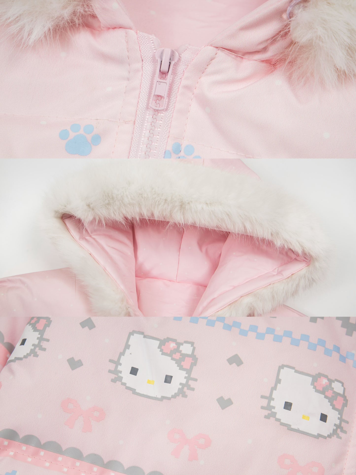 【Cyber Monday Deals🔥】Hellokitty Cute Winter Long Sleeve Zip Hooded Puffer Jacket Pockets Baggy Short Down Coat（Detachable hat fringe）