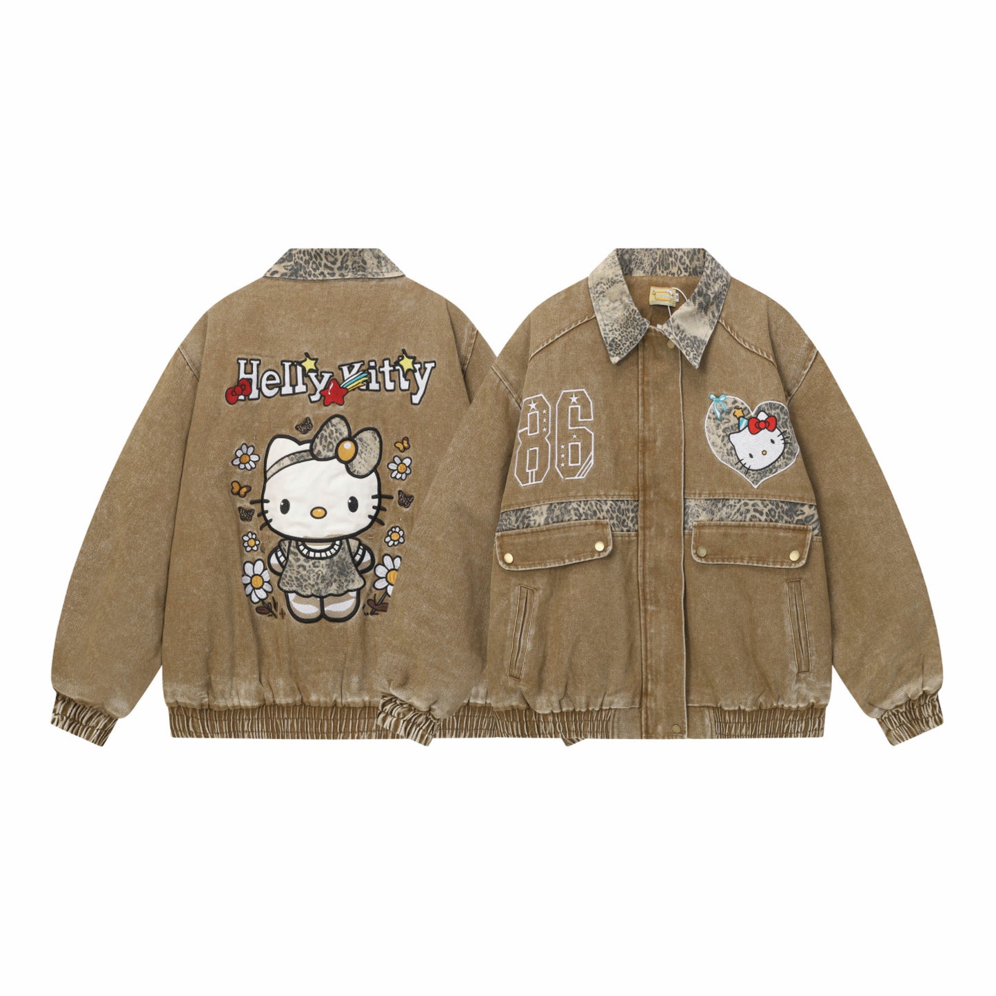 【Cyber Monday Deals🔥】Hellokitty Brown Leopard Print Varsity Jacket Baseball Bomber Jacket Vintage Unisex Streetwear Coats