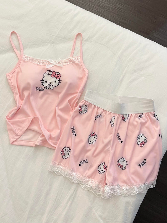 Hellokitty Pink Lace Pajama Set for Women 2 Piece Lingerie Sleepwear Camisole Pj Shorts Set Nightwear