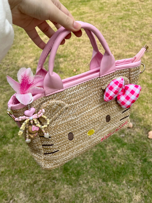 Hellokitty Summer Beach bag Handmade Straw Tote Bag Handbag