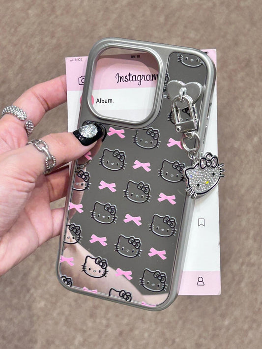 Hellokitty  Silver Pink Bow Mirror Case Cute Kawaii Phone Case