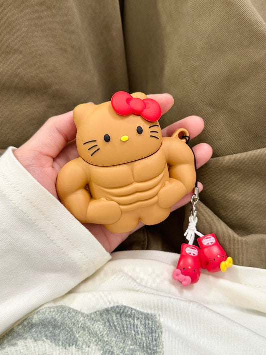 Tan Hellokitty Muscle Fitness Shape Silicone Headphone Case Airpods with Chain