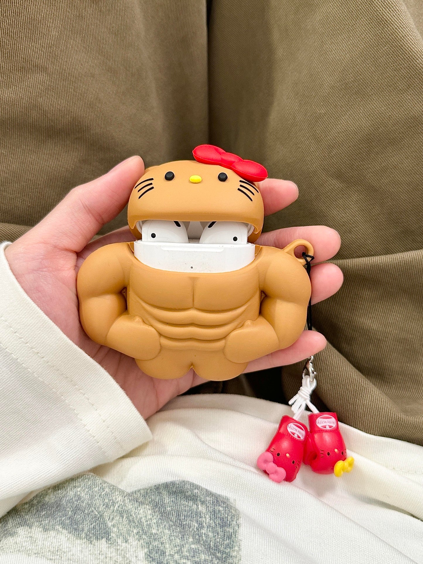Tan Hellokitty Muscle Fitness Shape Silicone Headphone Case Airpods with Chain