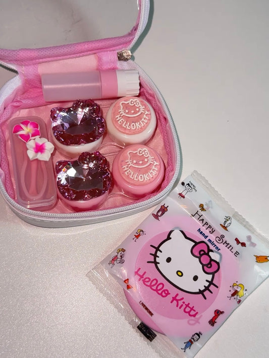 Hellokitty Pink Contact Lens Case Travel Solution Organizer Cases With Stick Tool Set Portable Cute Eye Contact Lens Case