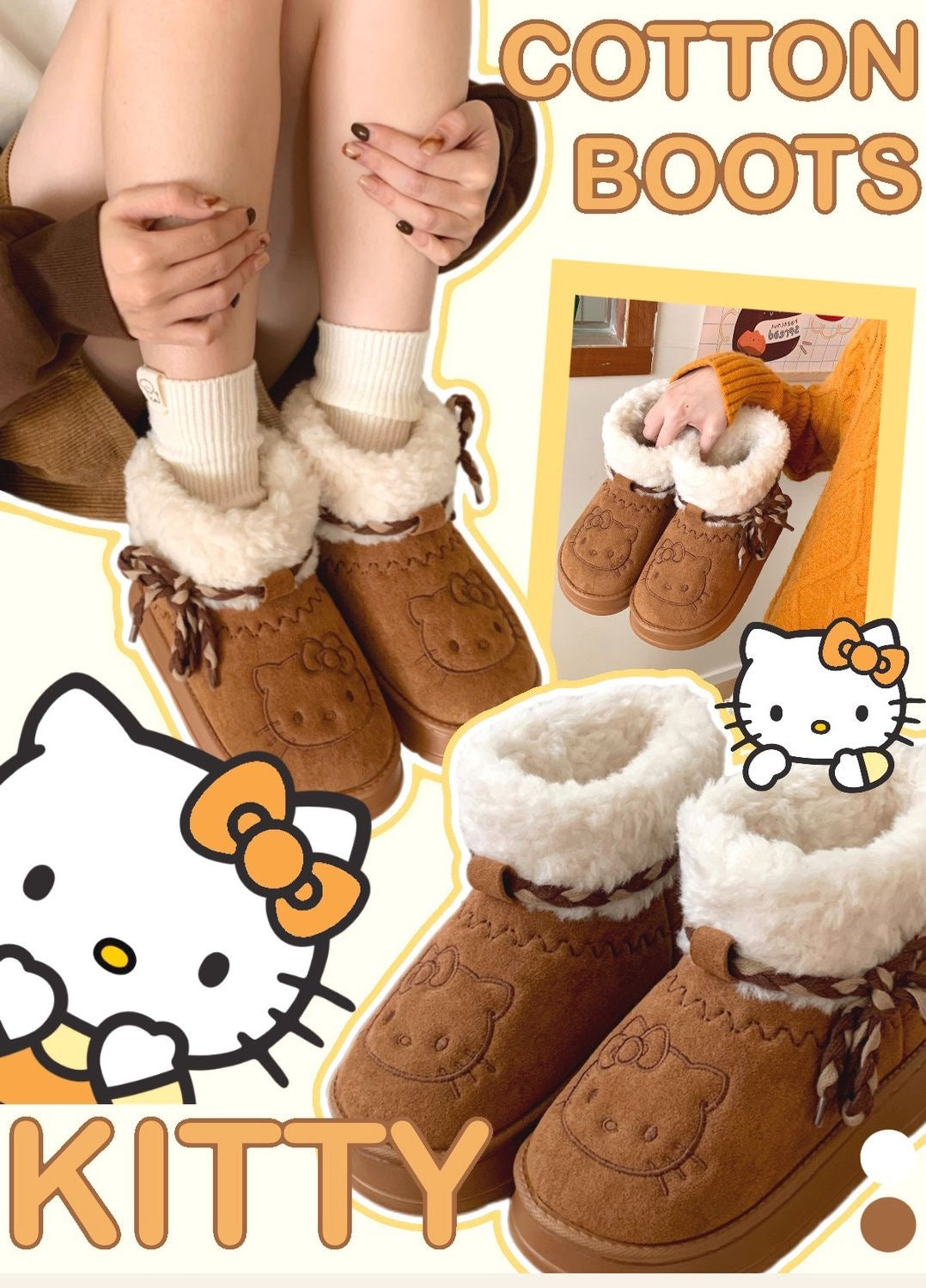 Hellokitty Cute Pompon Lace Up Fur Winter Snow Boots Fluffy Boots