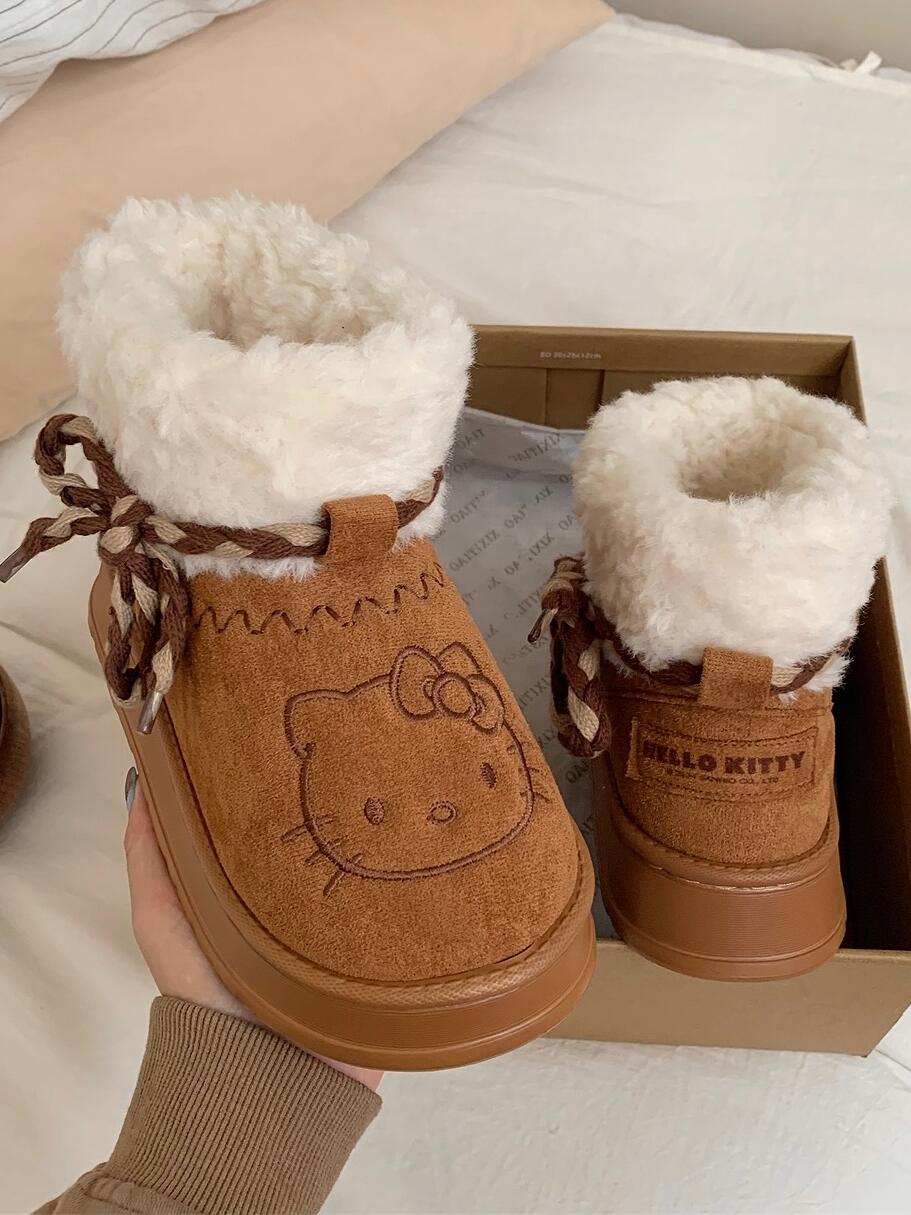 Hellokitty Cute Pompon Lace Up Fur Winter Snow Boots Fluffy Boots