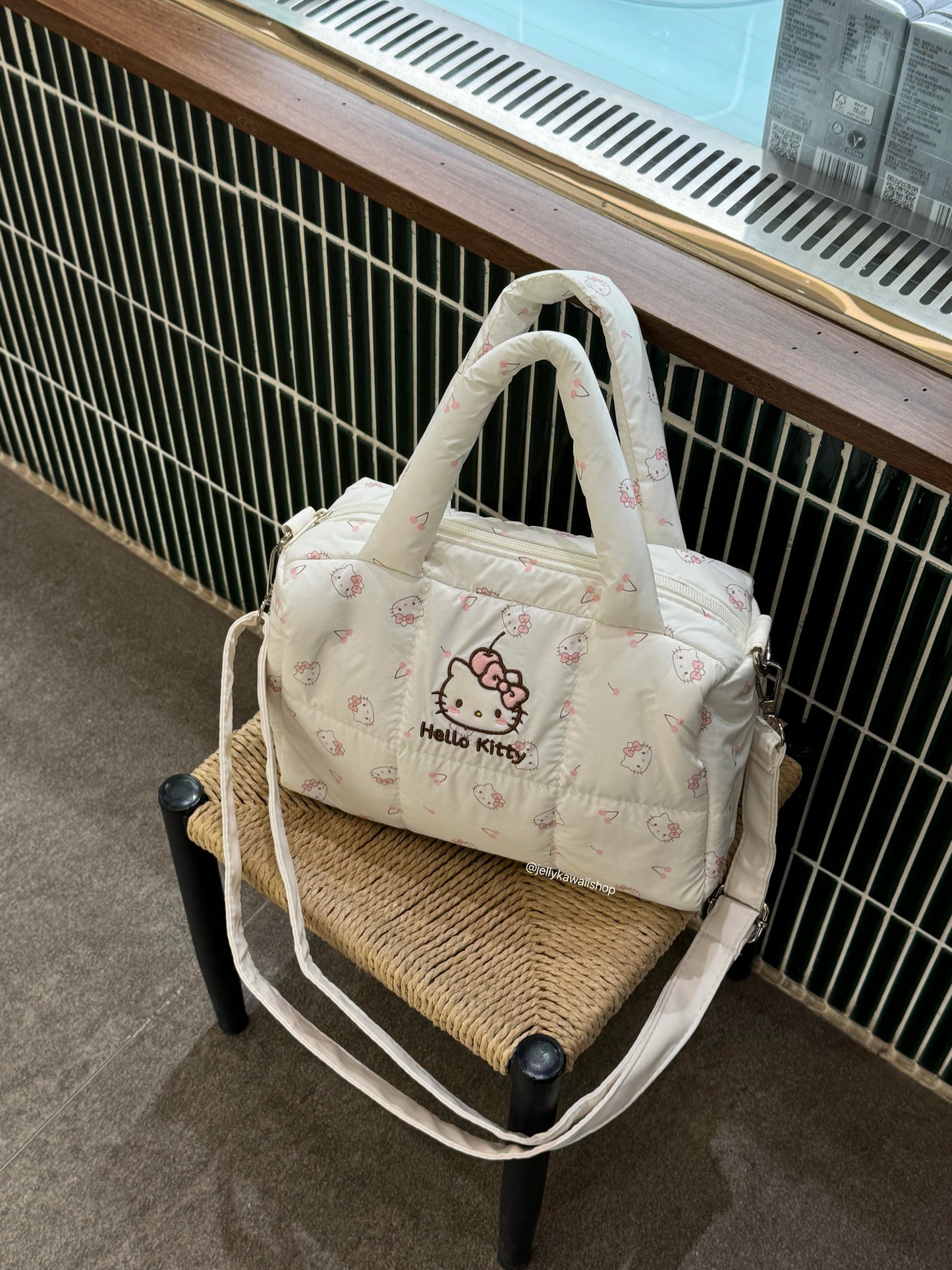 Hellokitty White Cherry Puffer Shoulder Tote Bags Top Handle Satchel Soft Puffy Bags Light Winter Down Cotton Padded Quilted Handbags