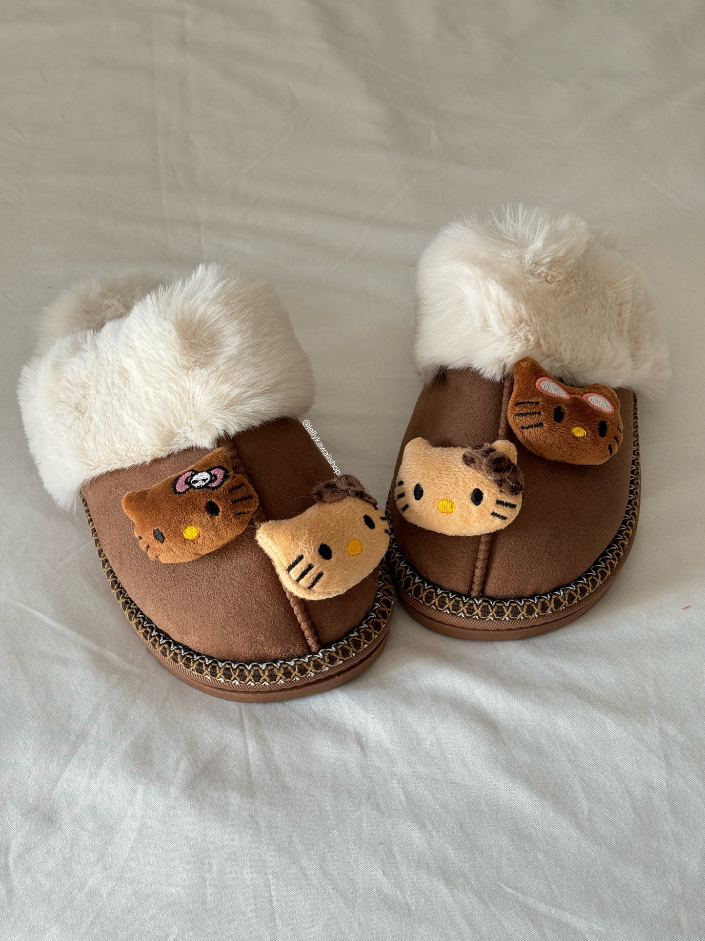 Hellokitty Fuzzy Brown Slippers Fluffy Winter House Shoes Indoor and Outdoor