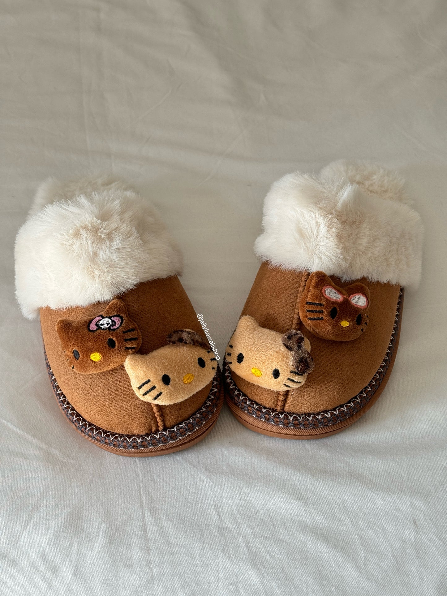 Hellokitty Fuzzy Brown Slippers Fluffy Winter House Shoes Indoor and Outdoor