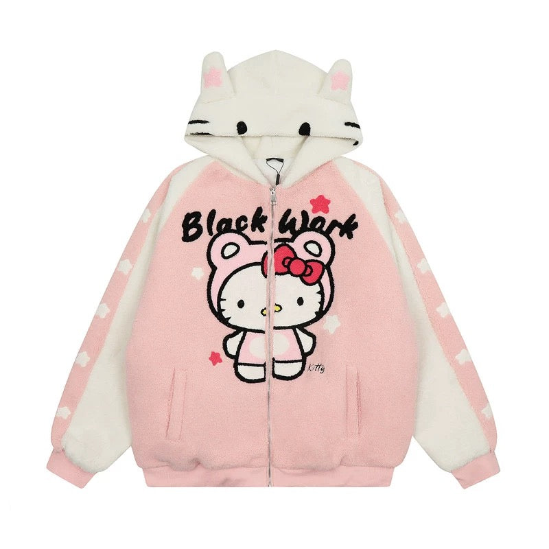 Hellokitty Pink Teddy Jackets Fall Fashion Womens Teddy Coats Fleece Button Down Hooded Tops Warm Winter Outerwear with Pockets
