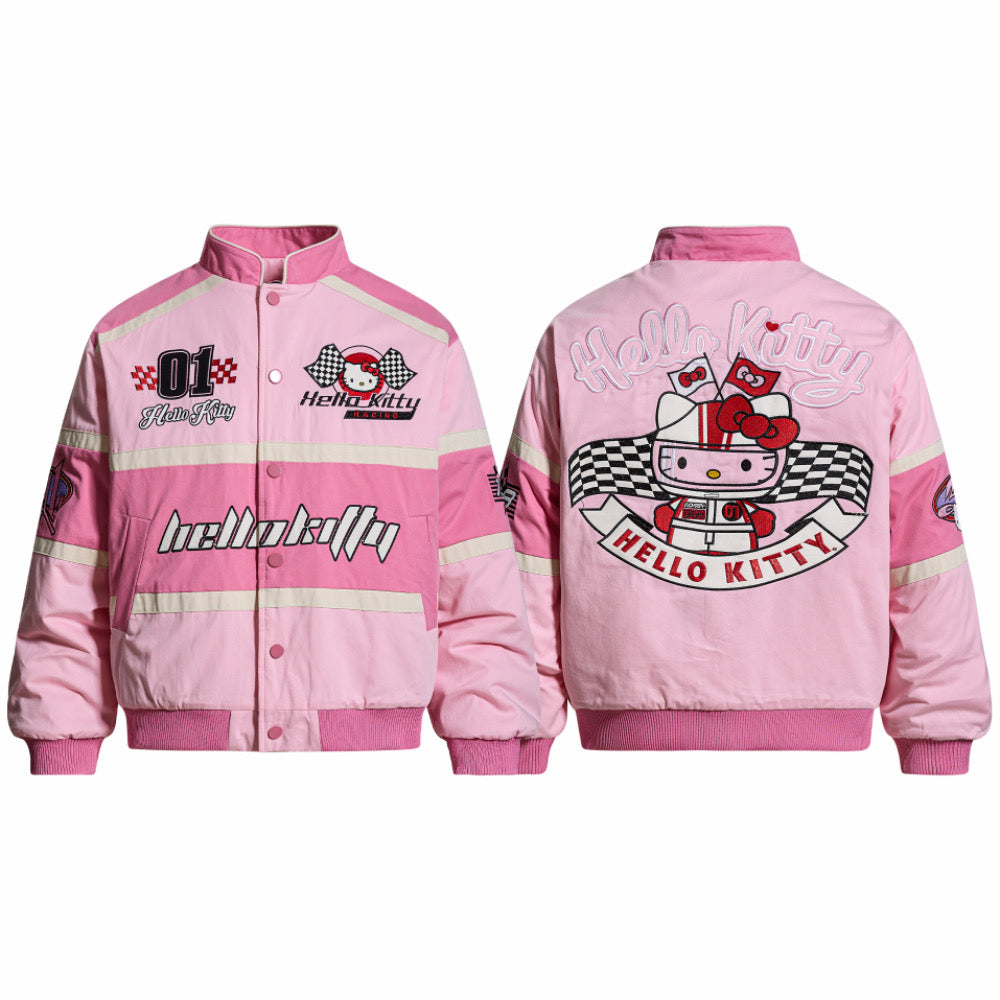 【 Holiday Deals🔥】Hellokitty Pink Racing Car Varsity Jacket Baseball Bomber Jacket Vintage Unisex Streetwear Coats
