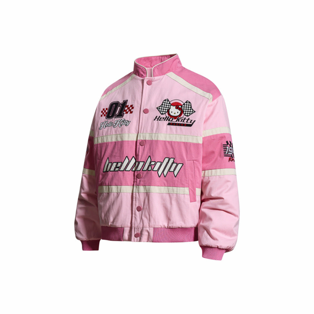 【 Holiday Deals🔥】Hellokitty Pink Racing Car Varsity Jacket Baseball Bomber Jacket Vintage Unisex Streetwear Coats