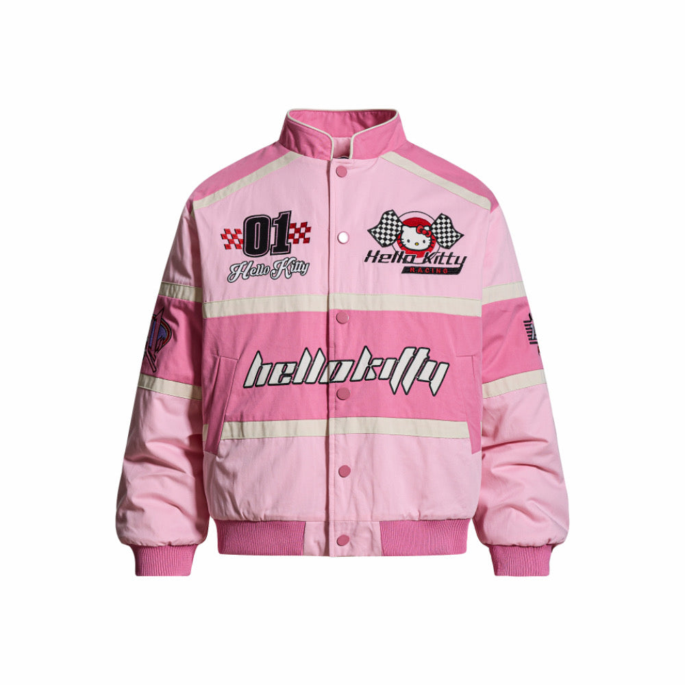 【 Holiday Deals🔥】Hellokitty Pink Racing Car Varsity Jacket Baseball Bomber Jacket Vintage Unisex Streetwear Coats
