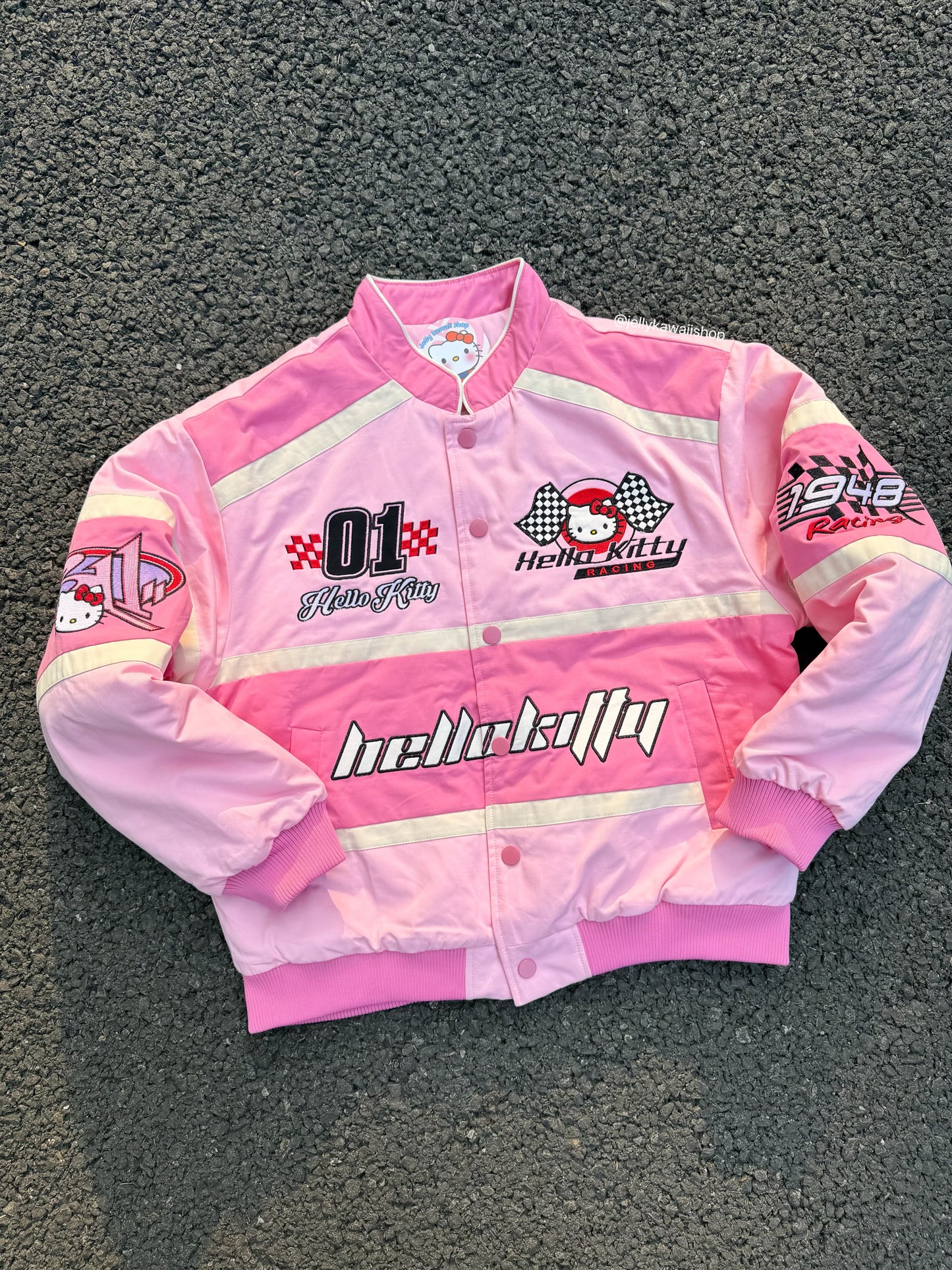 【 Holiday Deals🔥】Hellokitty Pink Racing Car Varsity Jacket Baseball Bomber Jacket Vintage Unisex Streetwear Coats