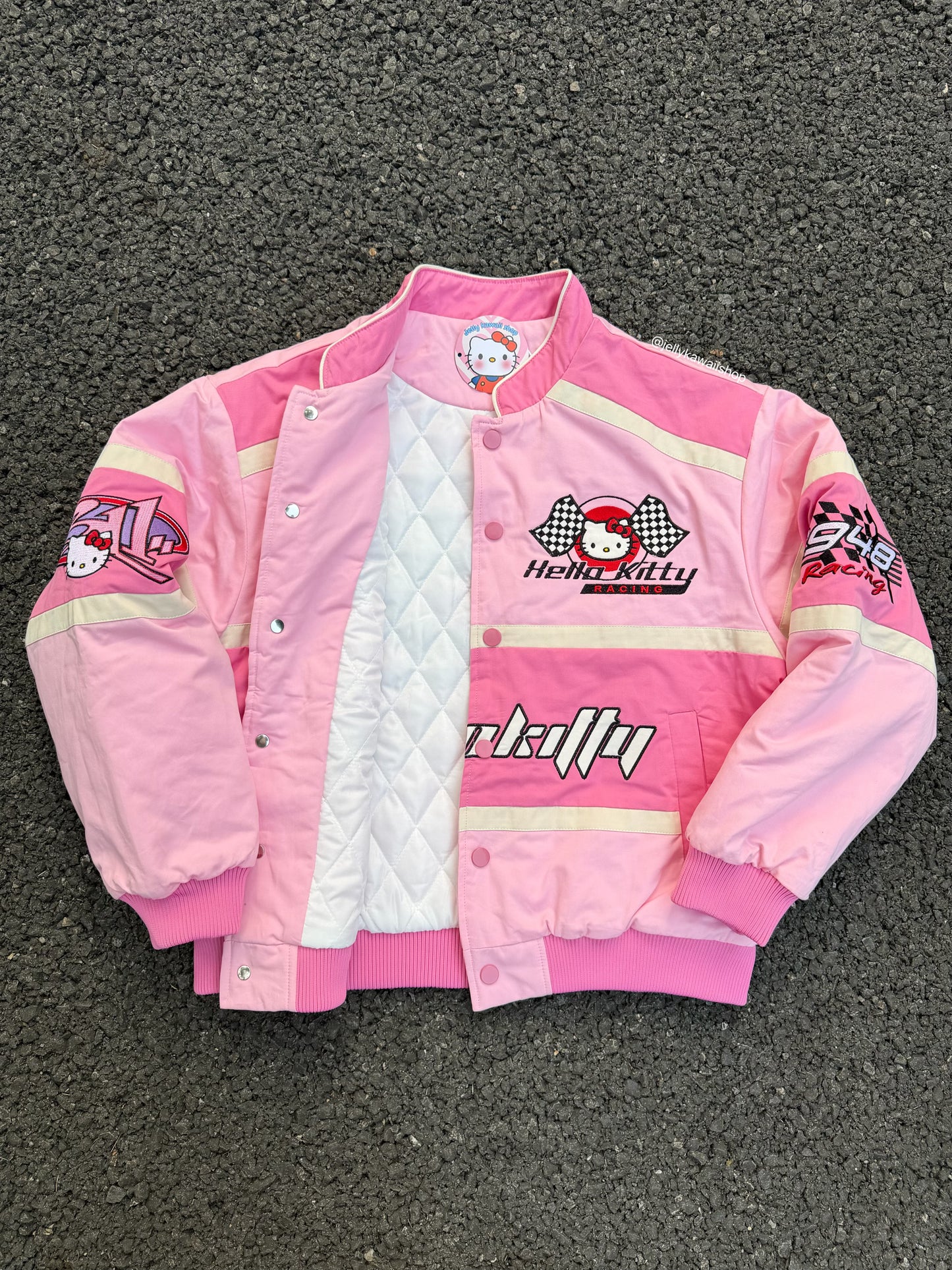 【 Holiday Deals🔥】Hellokitty Pink Racing Car Varsity Jacket Baseball Bomber Jacket Vintage Unisex Streetwear Coats