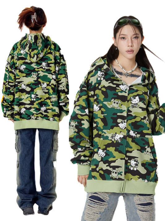 KT Camouflage Hoodies Fall Jacket Oversized Sweatshirts Casual Drawstring Zip Up Y2K Hoodie with Pocket