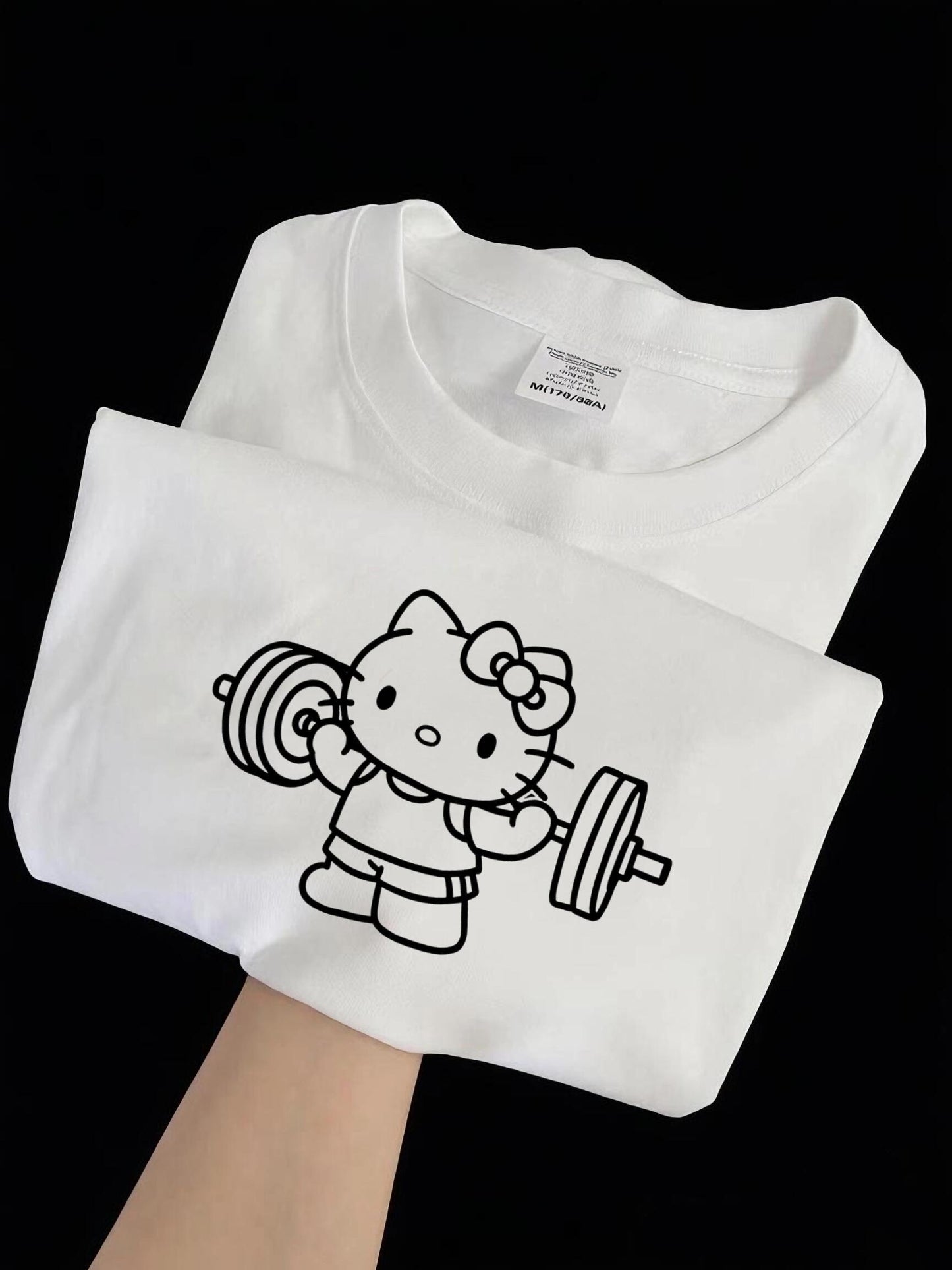 Hellokitty Weightlifting Print Cute Workout Crew Neck Cotton Short Sleeve Gym Fitness