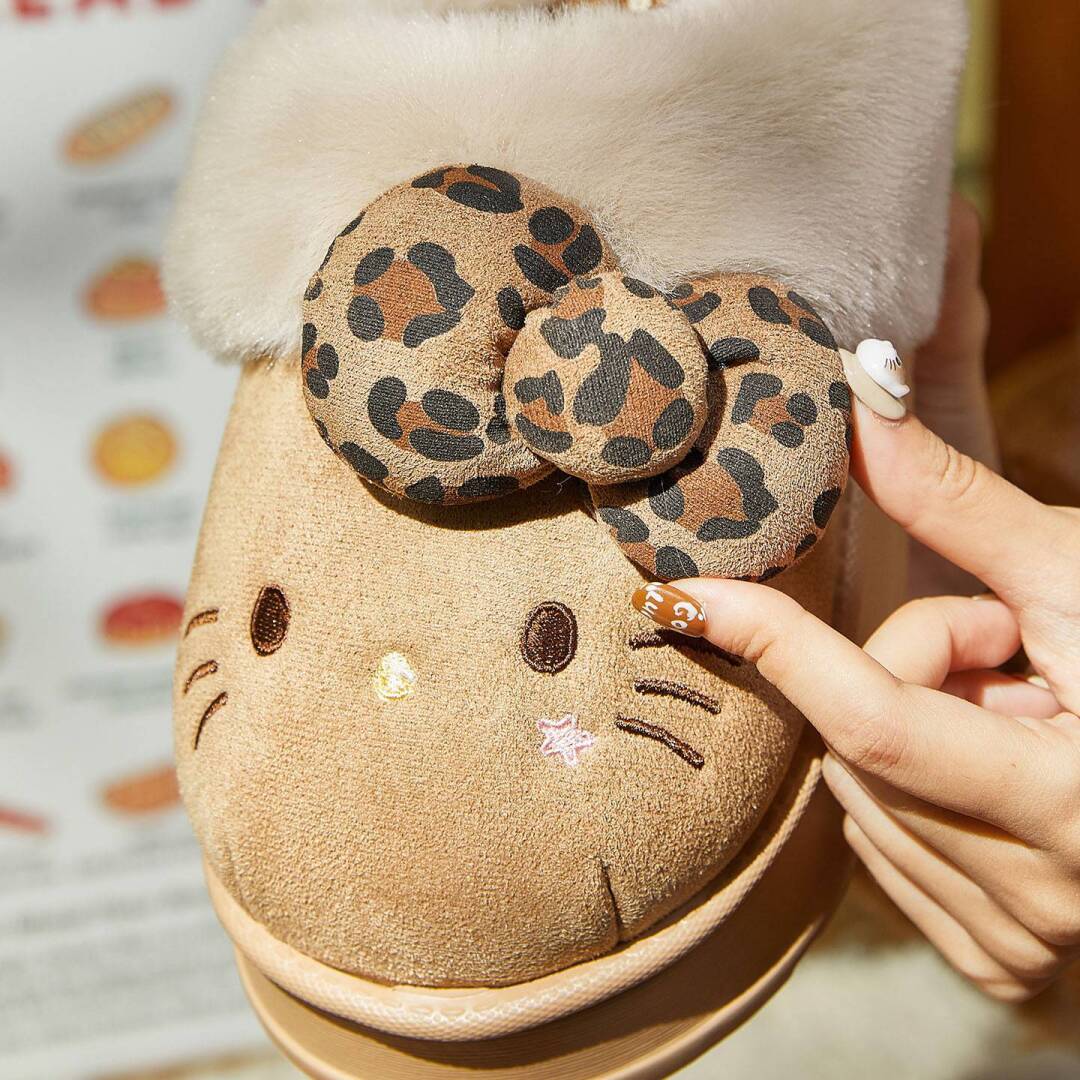 Hellokitty Fuzzy Brown Slippers Fluffy Fall Winter House Shoes Indoor and Outdoor