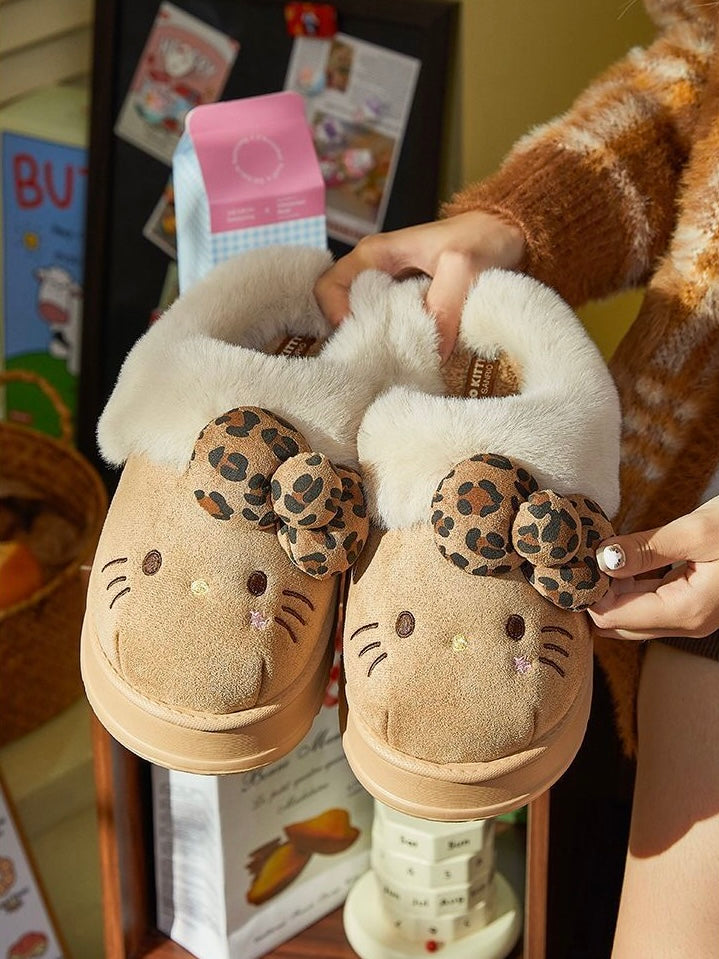 Hellokitty Fuzzy Brown Slippers Fluffy Fall Winter House Shoes Indoor and Outdoor