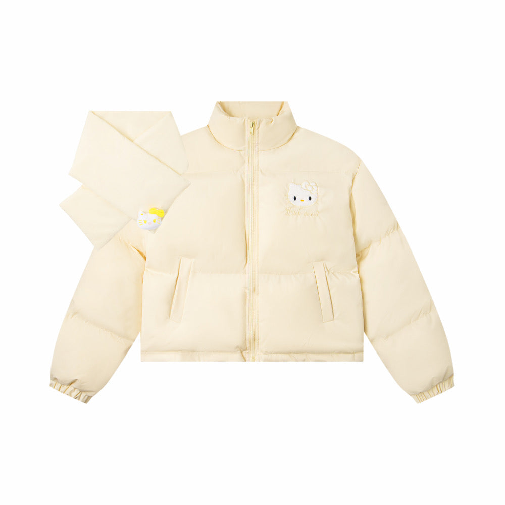 【 Holiday Deals🔥】Hellokitty Puffer Jackets WIth Scarf Winter Jacket Zipped Pockets Short Quilted Coat