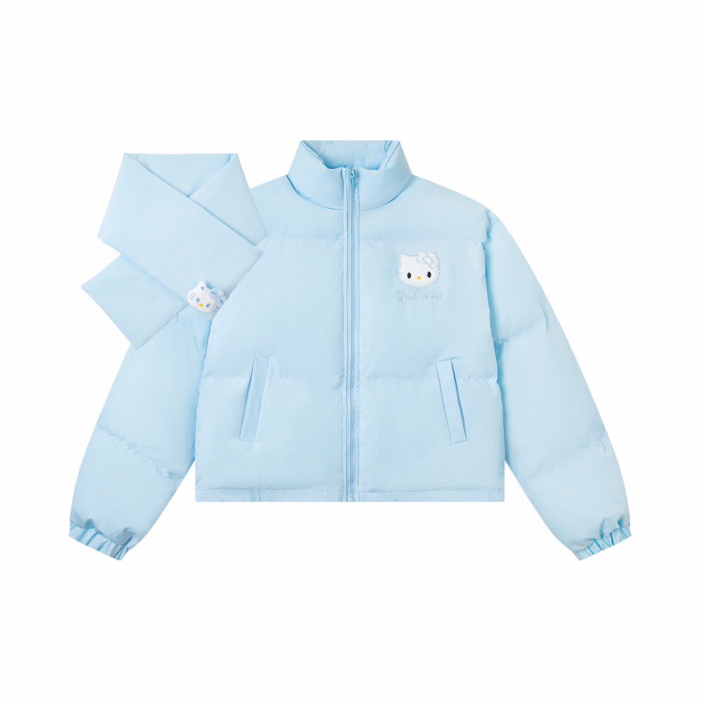 【 Holiday Deals🔥】Hellokitty Puffer Jackets WIth Scarf Winter Jacket Zipped Pockets Short Quilted Coat