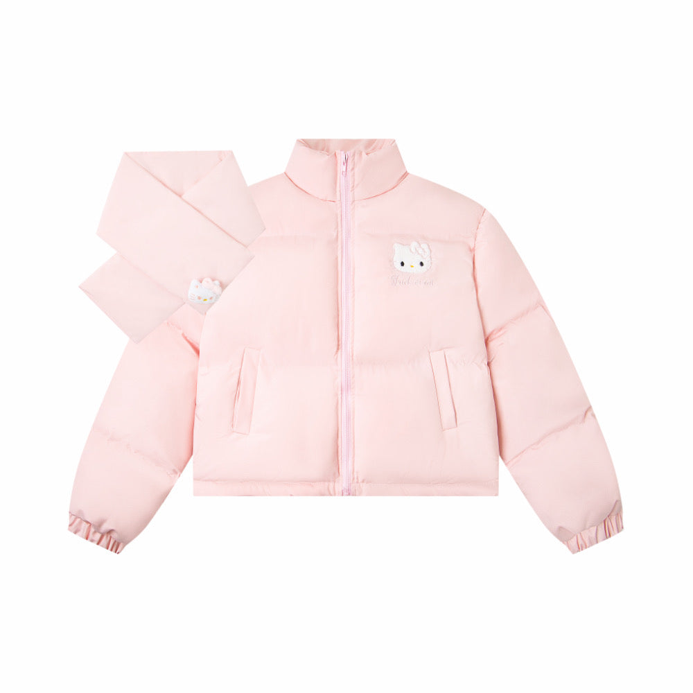 【 Holiday Deals🔥】Hellokitty Puffer Jackets WIth Scarf Winter Jacket Zipped Pockets Short Quilted Coat