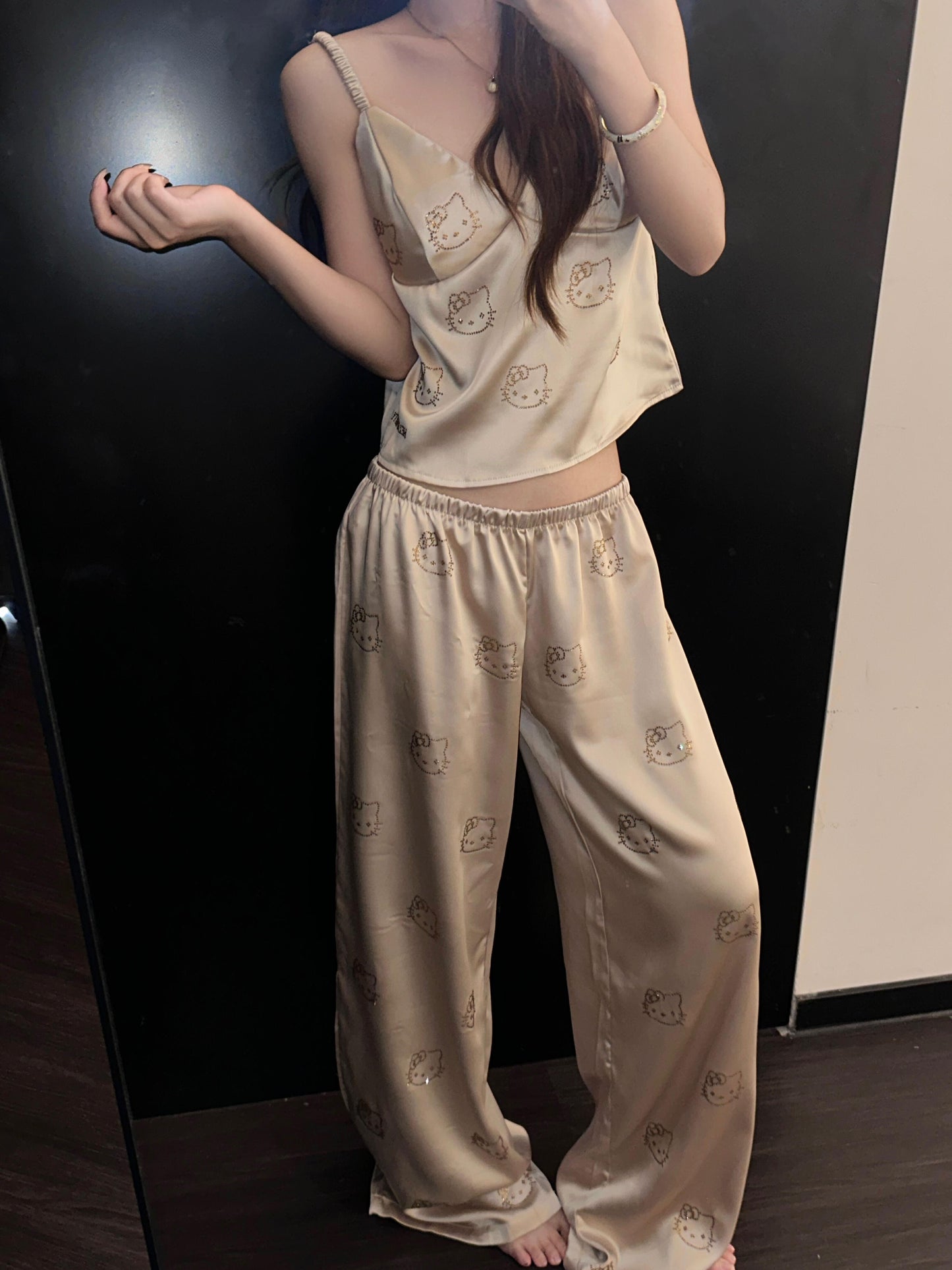 Hellokitty Champagne Satin Pajama Set for Women 2 Piece Silky Lingerie Sleepwear Camisole Pj Shorts Set Soft Nightwear