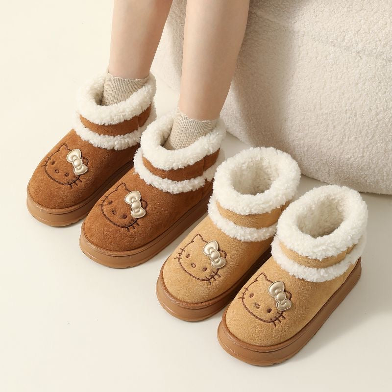 Hellokitty Cute Pompon Lace Up Fur Winter Snow Boots Fluffy Boots Shoes