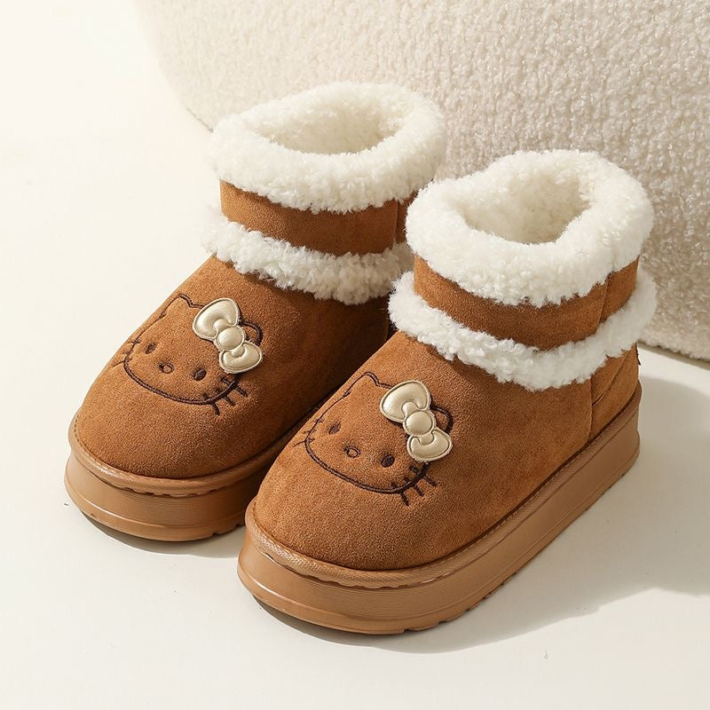 Hellokitty Cute Pompon Lace Up Fur Winter Snow Boots Fluffy Boots Shoes