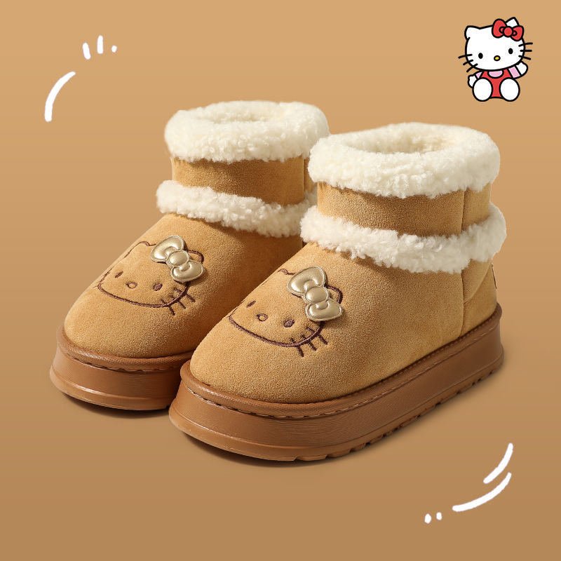 Hellokitty Cute Pompon Lace Up Fur Winter Snow Boots Fluffy Boots Shoes