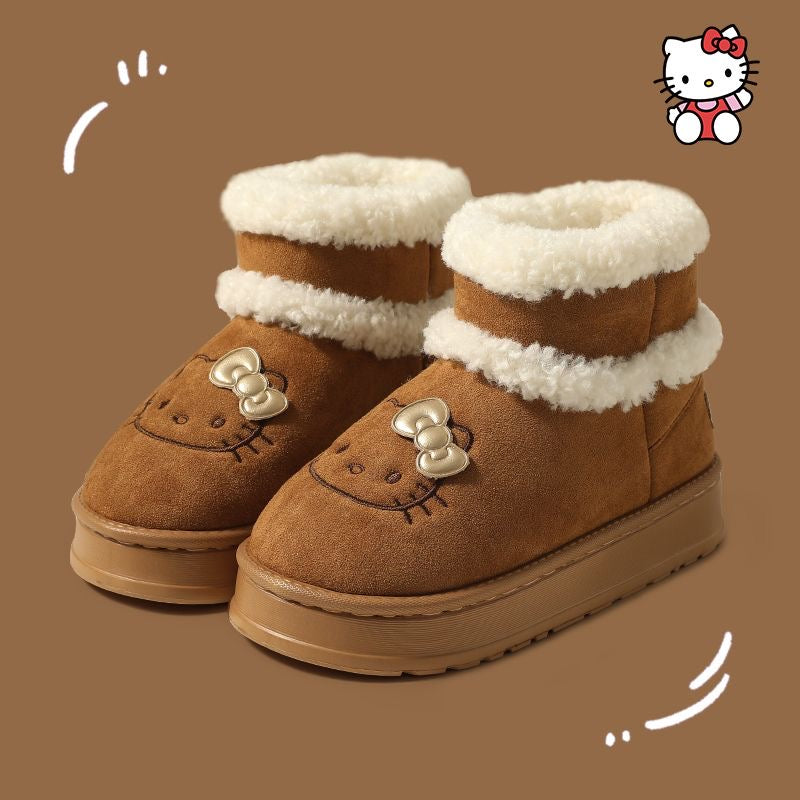 Hellokitty Cute Pompon Lace Up Fur Winter Snow Boots Fluffy Boots Shoes