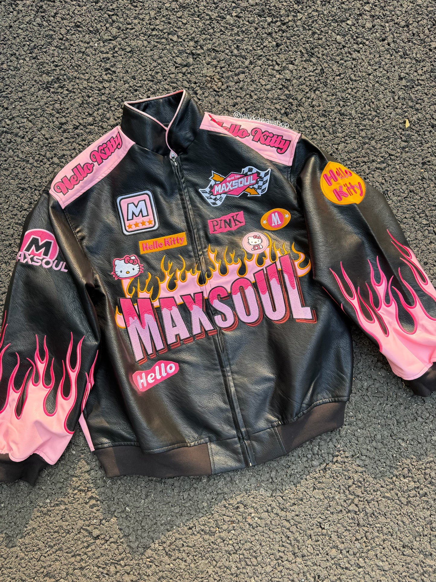 Hellokitty Pink Flame Faux Leather Jacket Oversized Racing Motorcycle Jackets Moto Coats Unisex Trendy Streetwear Jacket