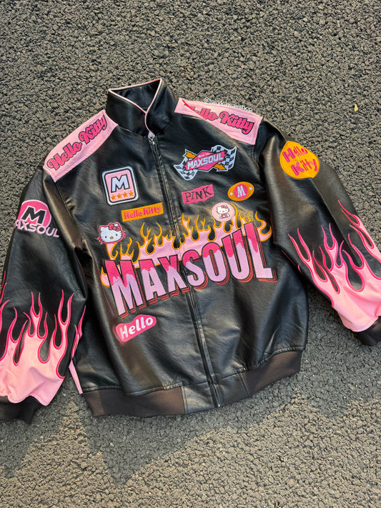 Hellokitty Pink Flame Faux Leather Jacket Oversized Racing Motorcycle Jackets Moto Coats Unisex Trendy Streetwear Jacket