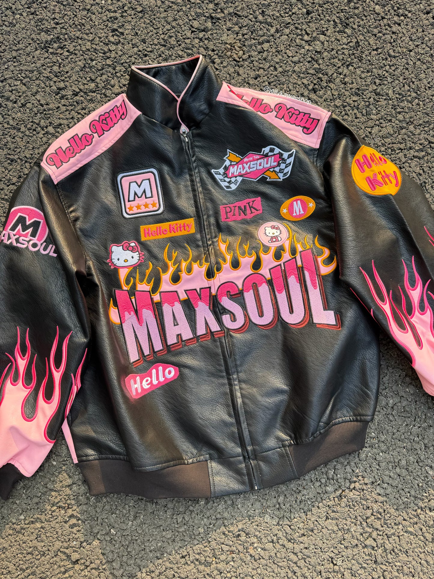 Hellokitty Pink Flame Faux Leather Jacket Oversized Racing Motorcycle Jackets Moto Coats Unisex Trendy Streetwear Jacket