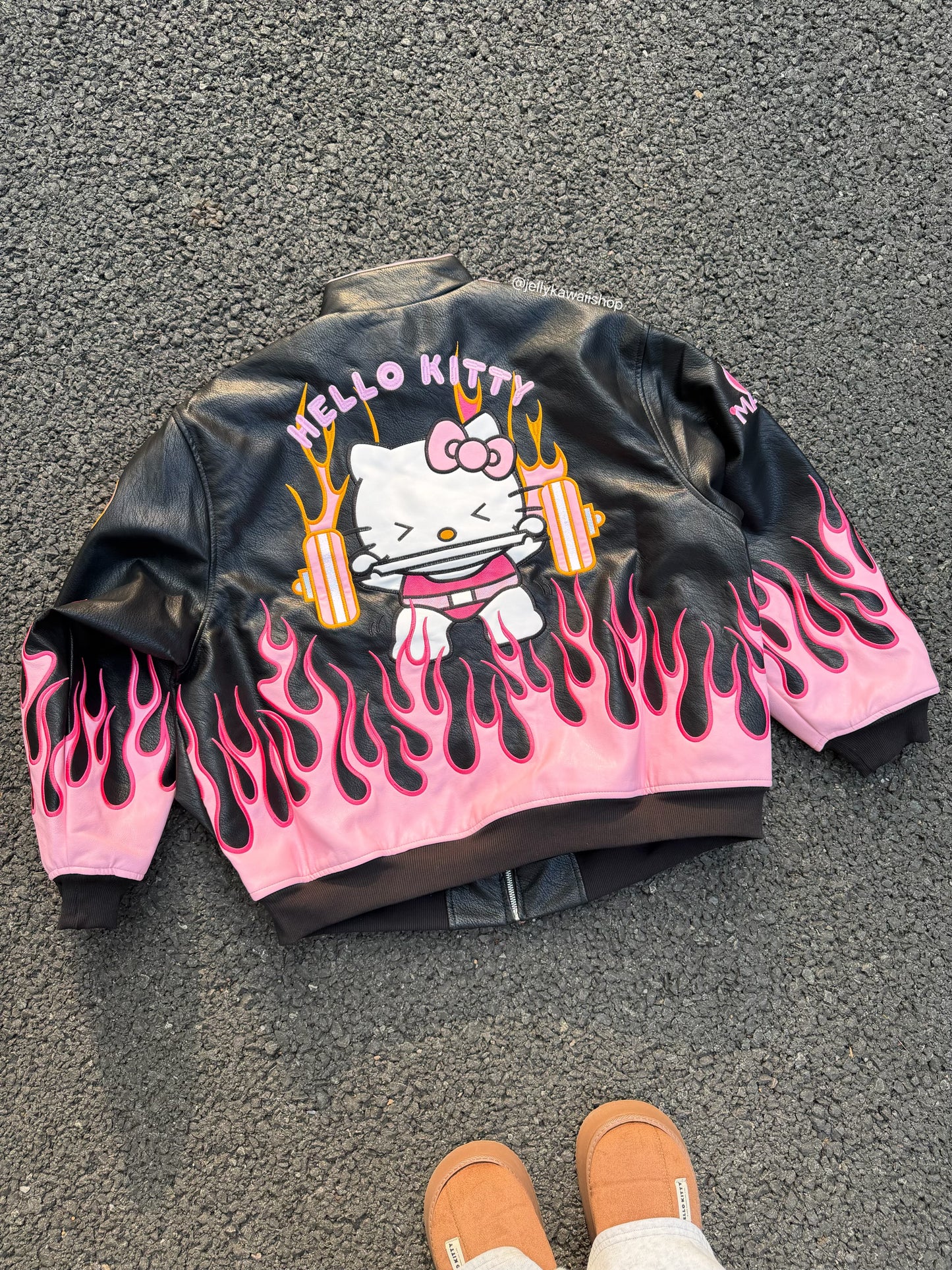 Hellokitty Pink Flame Faux Leather Jacket Oversized Racing Motorcycle Jackets Moto Coats Unisex Trendy Streetwear Jacket