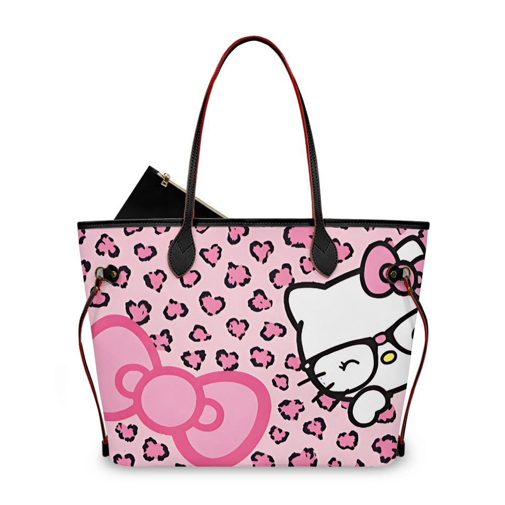 Hellokitty Pink Leopard Print Pu Leather Tote Bag