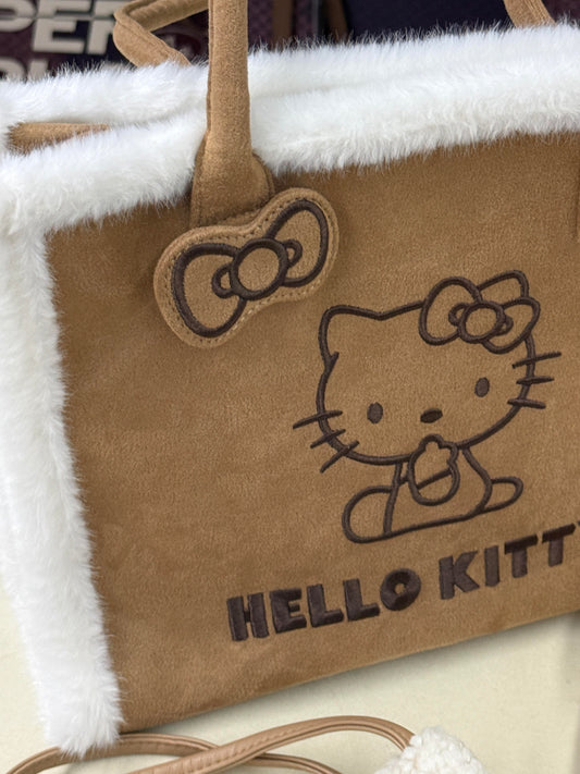 Hellokitty Brown Fluffy Tote Bag Large Fur Purses Winter Fuzzy Totes Furry Shoulder Handbag Plush Bags