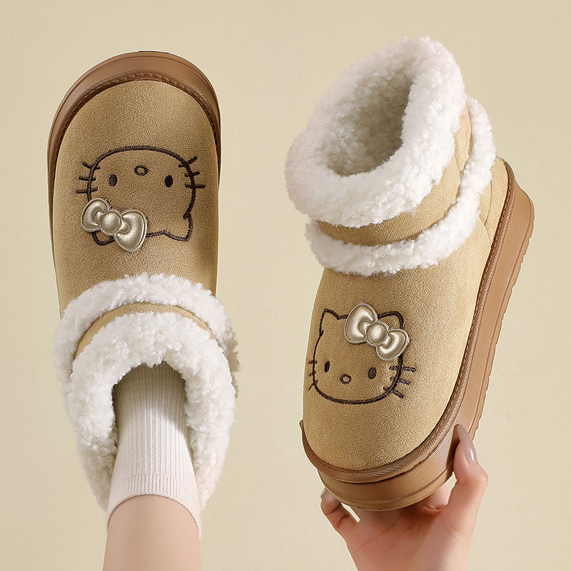 Hellokitty Cute Pompon Lace Up Fur Winter Snow Boots Fluffy Boots Shoes