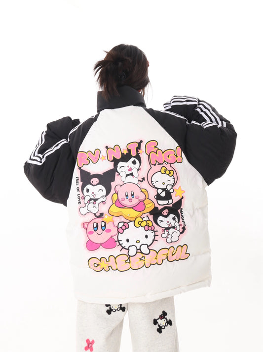 Sanrio Hellokitty& Kirby Winter Long Sleeve Zip Puffer Jacket Pockets Baggy Short Down Coats
