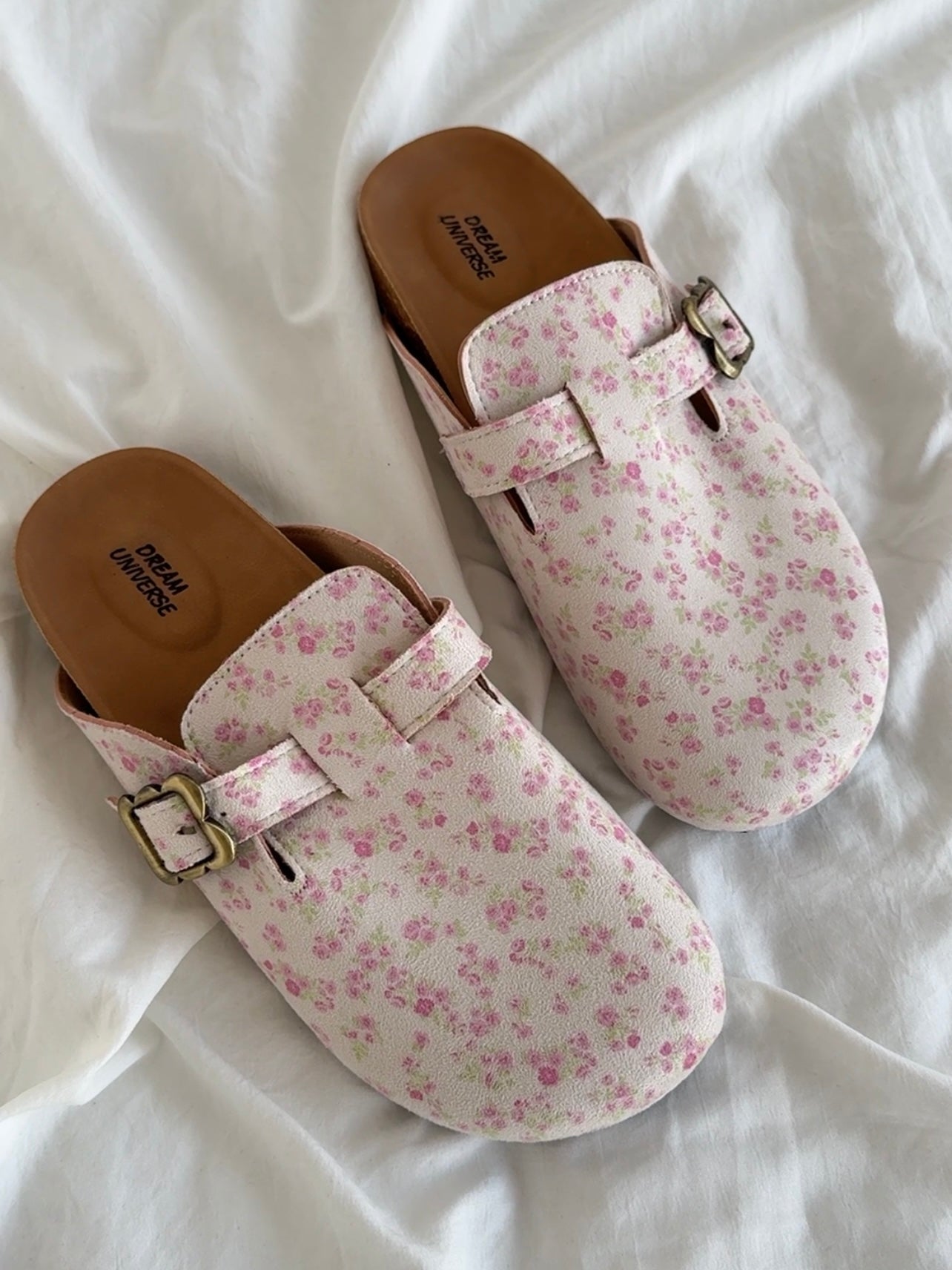 Floral Print Suede Clogs Leather Mules Cork Footbed Sandals Potato Shoes with Arch Support