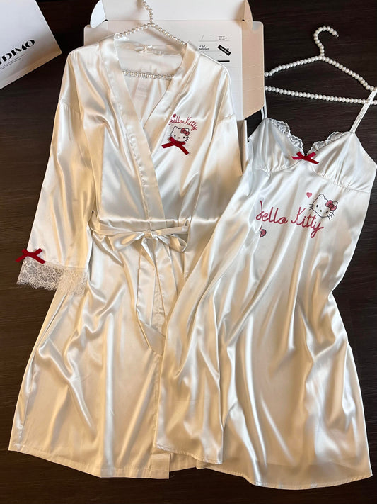Hellokitty White Satin Robes with Nightgown Pajamas Sleepwear Camisole Gown Set