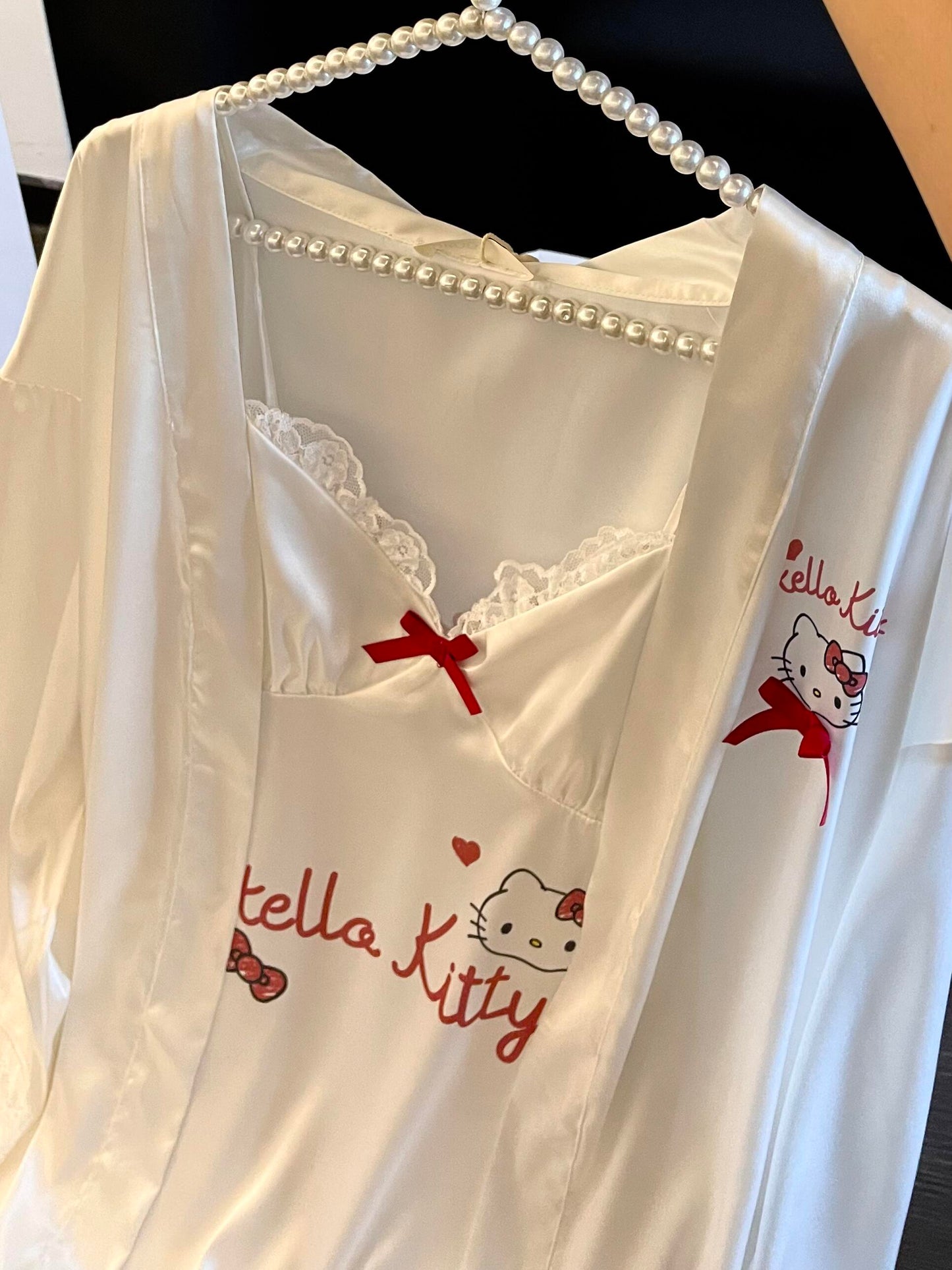 Hellokitty White Satin Robes with Nightgown Pajamas Sleepwear Camisole Gown Set