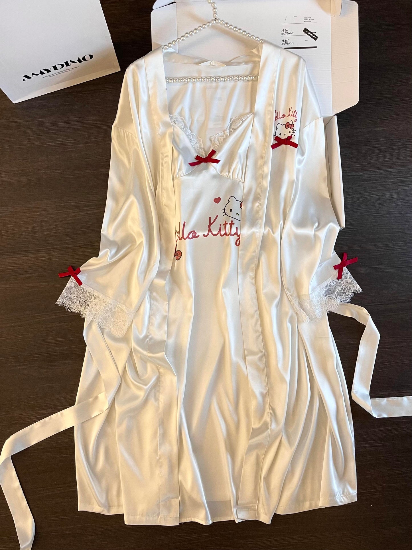 Hellokitty White Satin Robes with Nightgown Pajamas Sleepwear Camisole Gown Set
