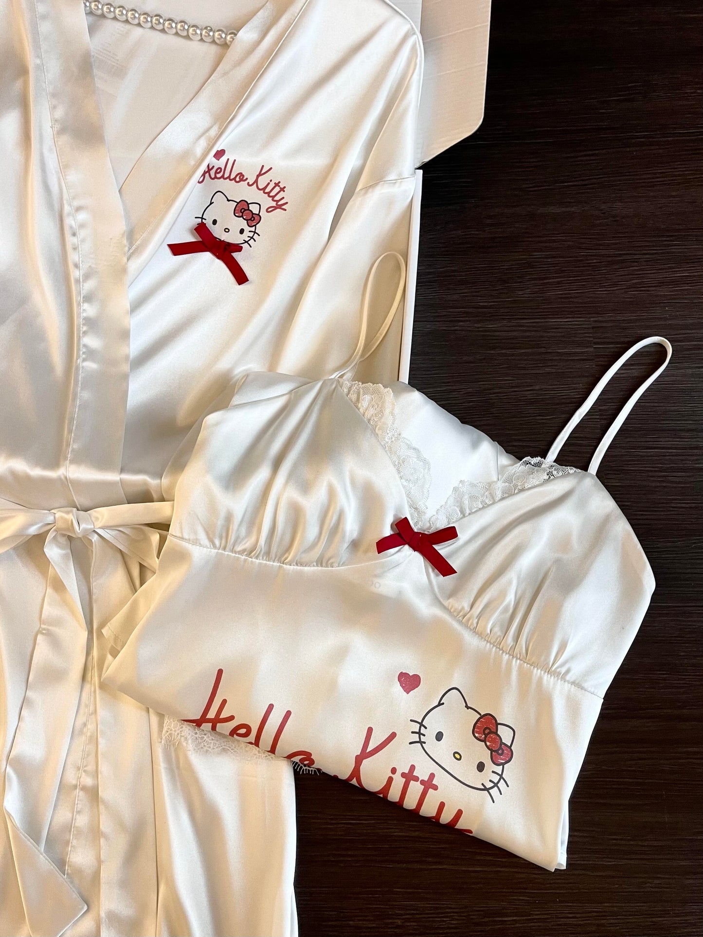 Hellokitty White Satin Robes with Nightgown Pajamas Sleepwear Camisole Gown Set